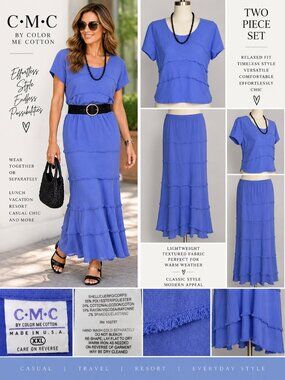 CMC Color Me Cotton XXL Blue 2 Piece Tiered Maxi Skirt Top Set Made USA
